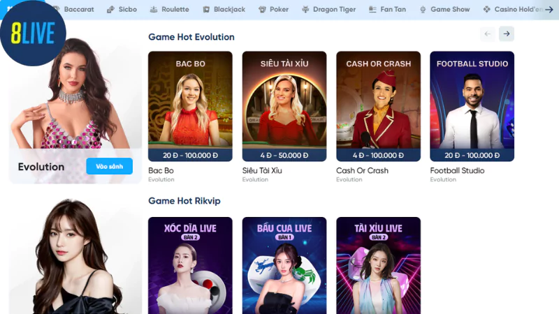 Các sảnh Live Casino top đầu thế giới có mặt tại 8LIVE