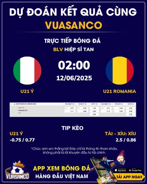 Soi kèo U21 Ý vs U21 Romania – 02h00 – 12/06 – U21 Euro